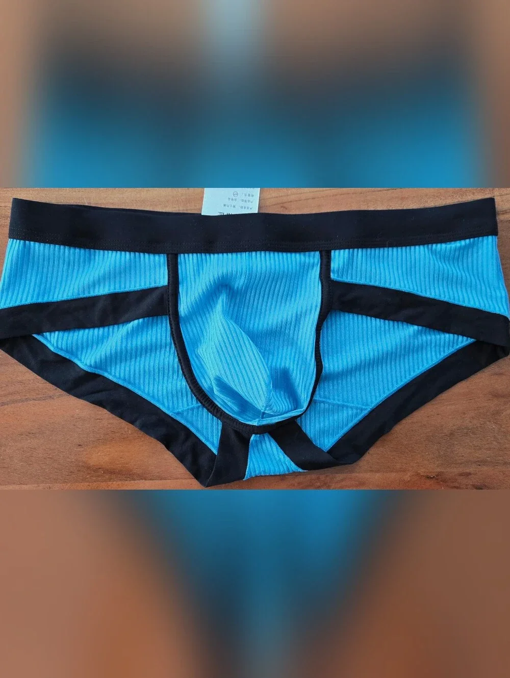 Mens Blue Stretch Ribbed Briefs with Black Trim